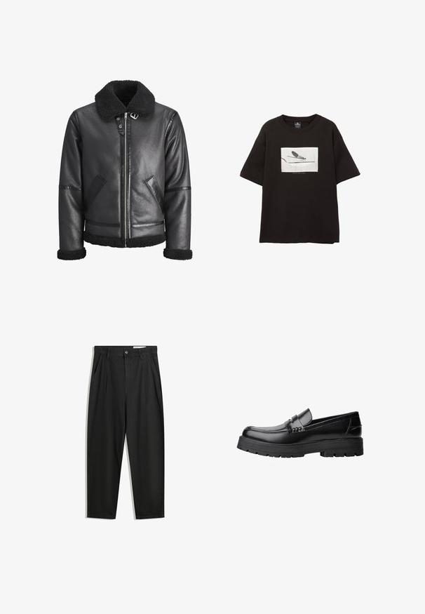 Czarna skórzana kurtka z kołnierzem z sztucznego owcze wełny, zamek błyskawiczny, dwie boczne kieszenie oraz czarne akcenty na rękawach i dołach.; Czarny bawełniany t-shirt z krótkim rękawem, z białą prostokątną grafiką muchy na cienkiej linii, minimalne logo poniżej obrazu.; Czarne bawełniane spodnie o luźnym kroju, z klasycznym pasem, przednimi plisy oraz bocznymi kieszeniami. Gładka struktura, bez wzorów.; Czarne skórzane mokasyny z grubą, bieżnikowaną podeszwą i dekoracyjnym paskiem na górze, pokazane w lewym profilu na białym tle.