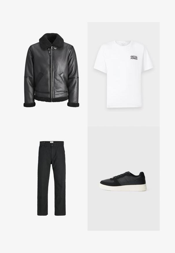 Black leather jacket featuring a faux shearling collar, zip closure, two side pockets, and black accents on sleeves and hem.; White cotton t-shirt, short sleeves, crew neck. Features black text logo "JACK & JONES" on the left chest area. Simple, plain design.; Black pants made of durable fabric, featuring a straight-leg design, stitched accents, and two front pockets for functionality.; Black low-top sneaker with textured leather and suede panels, white rubber sole, and black laces on a plain light background.