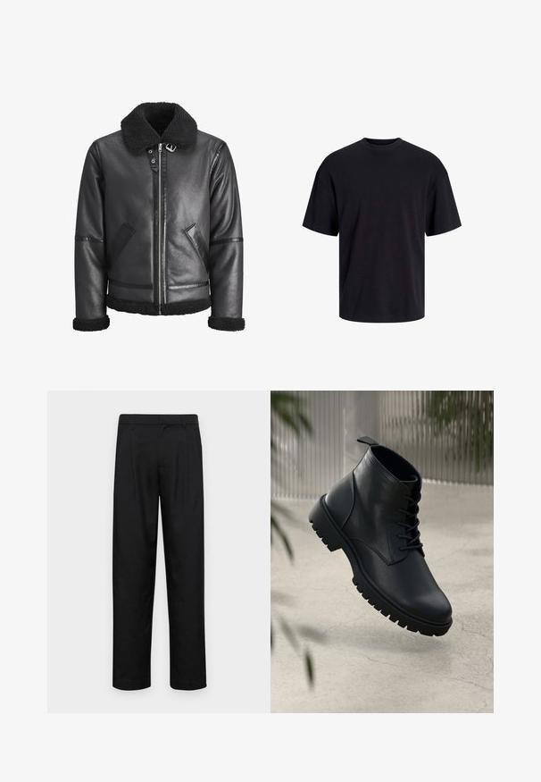 Schwarze Lederjacke mit einem Kragen aus Kunstfell, Reißverschluss, zwei Seitentaschen und schwarzen Akzenten an den Ärmeln und dem Saum.; Schwarzes Baumwoll-T-Shirt mit Rundhalsausschnitt, kurzen Ärmeln und lässiger Passform. Glatte Oberflächenstruktur und keine sichtbaren Muster oder Akzente.; Schwarze Hose aus glattem Stoff, mit geradem Bein Design, zwei vorderen Falten und einem Standardbund mit Gürtelschlaufen.; Schwarze Lederstiefeletten mit runder Zehenform, Schnürdesign und robustem Gummisohle. Glatte Textur mit einer Zuglasche an der Rückseite.