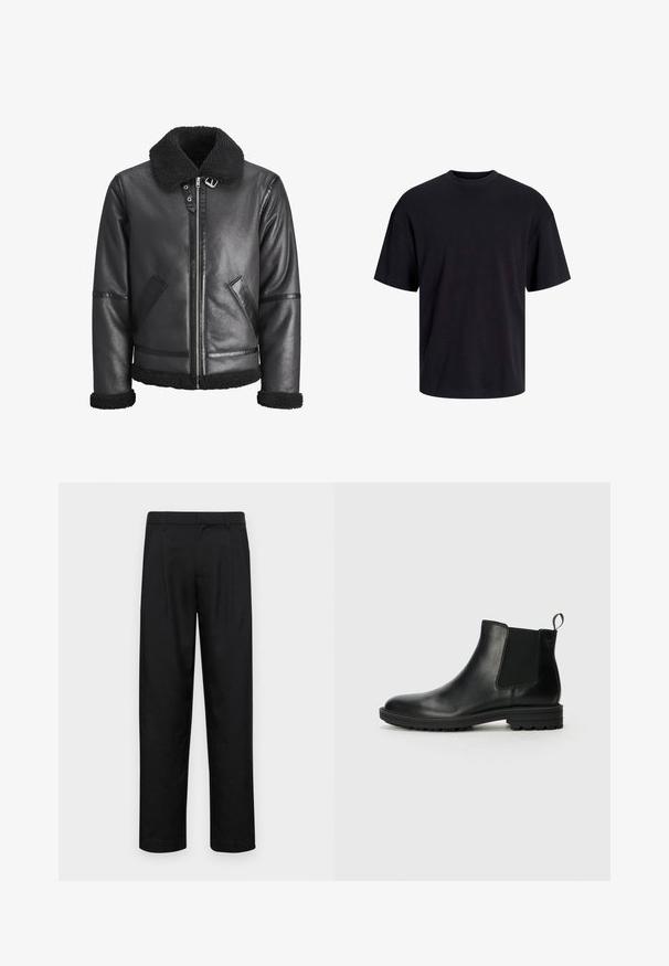 Black leather jacket featuring a faux shearling collar, zip closure, two side pockets, and black accents on sleeves and hem.; Black cotton t-shirt with a crew neckline, short sleeves, and a relaxed fit. Smooth texture and no visible patterns or accents.; Black trousers made of smooth fabric, featuring a straight-leg design, two front pleats, and standard waistband with belt loops.; Jack & Jones JFWHOSKINS - Classic ankle boots - anthracite