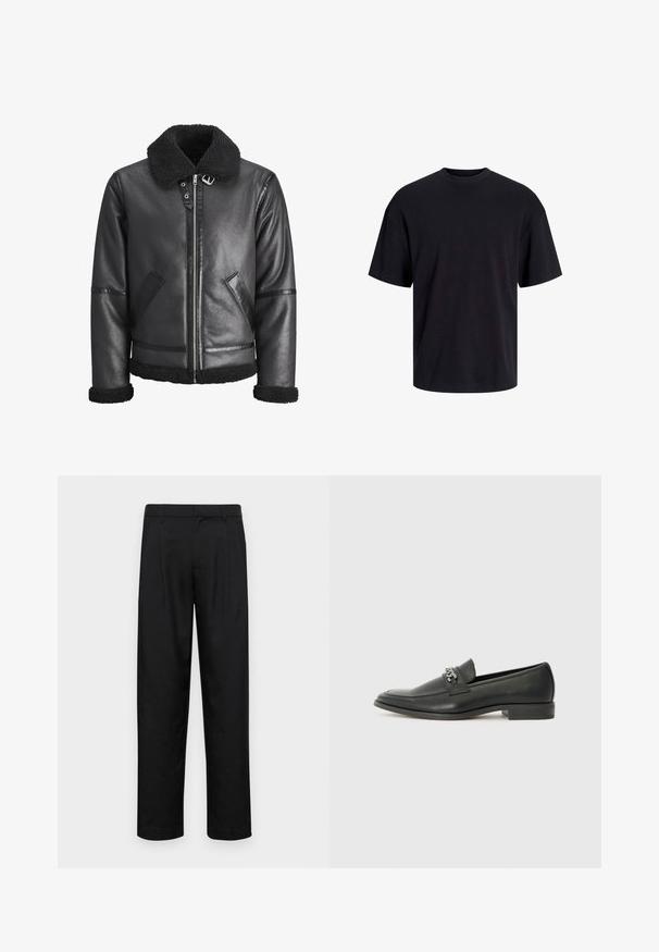 Veste en cuir noir avec un col en fausse fourrure, fermeture éclair, deux poches latérales et accents noirs sur les manches et le bas.; T-shirt en coton noir avec un col ras du cou, des manches courtes et une coupe décontractée. Texture lisse sans motifs ni accents visibles.; Pantalons noirs en tissu lisse, avec une coupe droite, deux plis avant et une taille standard avec passants de ceinture.; Mocassin en cuir noir avec une finition lisse, présentant un design cousu et une accent décoratif en chaîne métallique sur le rand. Talon plat.