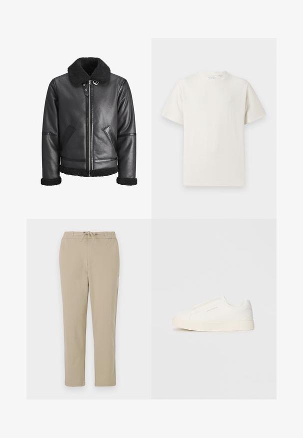 Casaco de couro preto com colarinho de pelúcia sintética, fecho de zíper, dois bolsos laterais e detalhes pretos nas mangas e na barra.; T-shirt branco de manga curta em textura canelada. Gola redonda, ajuste descontraído, sem padrões ou detalhes visíveis. Design simples e versátil.; Calças de lounge bege com cintura elástica e cordão, apresentando um design de perna reta e uma textura suave e macia.; Sapatilhas brancas de atacar com uma superfície texturizada, sola grossa e design minimalista. Possui o logo da marca na lateral.