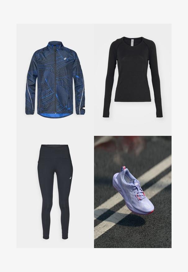 Modra in črna vetrovka z teksturiranim geometrijskim vzorcem, z dolgim zadrgo, visokim ovratnikom in odsevnimi poudarki na rokavih.; Majica s dolgimi rokavi v črni barvi, izdelana iz mehkega blaga. Ima okroglo ovratnik in raglan rokave z odprtinami za prste na zapestjih. Minimalističen dizajn.; ASICS ROAD HIGH WAIST - Zimske pajkice - performance black; Svetlo vijoličasti tekaški čevlji z teksturiranim zgornjim delom, rožnatimi poudarki, okroglim sistemom vezanja in pegastim podplatom, dvignjeni nad ozadjem asfaltne površine.