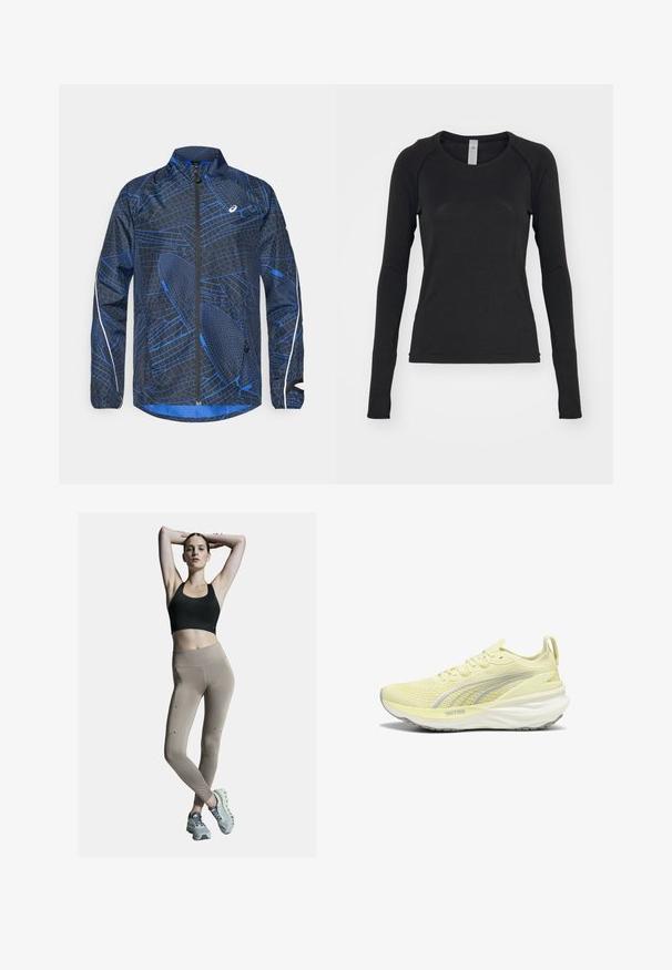Plava i crna vjetrovka sa teksturiranim geometrijskim uzorkom, punim zatvaračem, visokim ovratnikom i reflektirajućim detaljima na rukavima.; Crna košulja dugih rukava, izrađena od mekanog materijala. Ima okrugli izrez i raglan rukave s otvorima za palčeve na manžetama. Minimalistički dizajn.; Crni sportski grudnjak i bež tajice visokog struka, s bočnim šavovima i akcentima. Model nosi svijetlosive sportske cipele s mekanim đonom.; Svijetlo žute atletske tenisice s teksturiranim gornjim dijelom, sivi akcenti i podstavljeni potplat. Imaju dizajn s vezicama i trakicu za povlačenje na peti.
