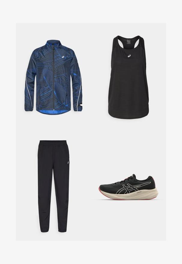 Modrá a černá sportovní bunda s texturovaným geometrickým vzorem, plný zip, vysoký límec a reflexní prvky na rukávech.; Černý sportovní top bez rukávů vyrobený z lehkého materiálu. Má kulatý výstřih, design s průramky a malé bílé logo na přední straně.; Černé sportovní kalhoty s elastickým pasem, tapered nohavicemi se manžetami, vyrobené z lehkého hladkého materiálu a s malým logem na stehně.; Černá běžecká obuv s síťovinovým svrškem a bílými akcenty. Obsahuje polstrovanou mezipodešev a červené detaily na podrážce. Lehké provedení.