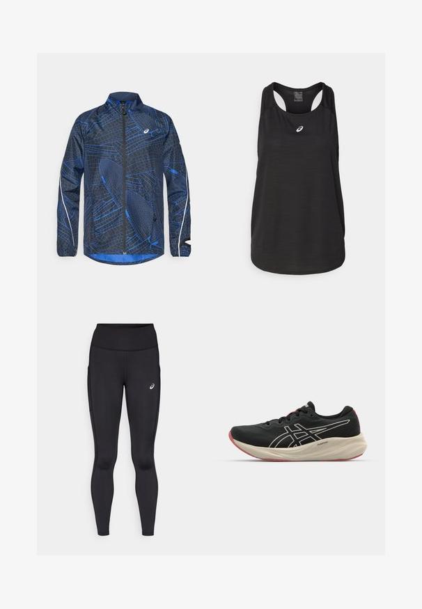 Plava i crna vjetrovka sa teksturiranim geometrijskim uzorkom, punim zatvaračem, visokim ovratnikom i reflektirajućim detaljima na rukavima.; Crni sportski top bez rukava od laganog materijala. Ima okrugli izrez, dizajn s razrezom na leđima i mali bijeli logo sprijeda.; Crne tajice s visokim strukom, izrađene od glatkog, rastezljivog materijala. Imaju diskretni logo na bedru i bočne džepove.; Crne trkačke cipele s mrežastim gornjim dijelom i bijelim naglascima. Sadrže podstavljeni srednji sloj i detalj u crvenoj boji na potplatu. Lagani dizajn.