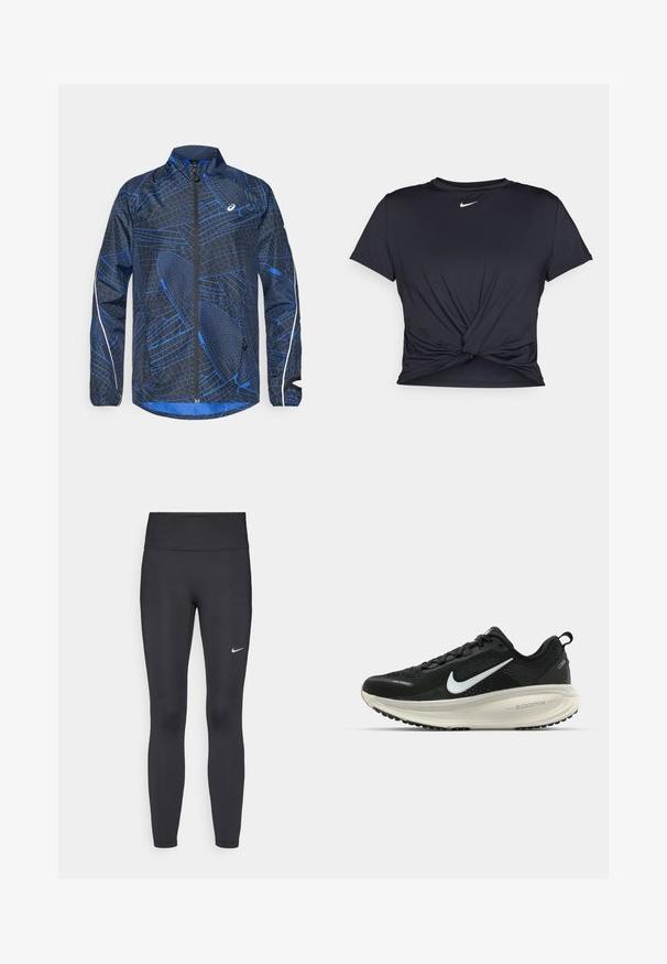 Blaue und schwarze Windbreaker-Jacke mit texturiertem geometrischem Muster, durchgehendem Reißverschluss, hohem Kragen und reflektierenden Akzenten an den Ärmeln.; Schwarzes Sport-T-Shirt aus glattem Stoff, mit einem geknoteten Vorderdesign und einem kleinen weißen Nike-Logo auf der Brust.; Schwarze Leggings aus elastischem Stoff, mit einem hohen Bund und einem weißen Nike-Logo auf dem linken Oberschenkel. Glatte Textur, figurbetontes Design.; Schwarzer Nike-Laufschuh mit atmungsaktivem Mesh-Obermaterial, weißem Swoosh-Logo, strukturierten Details und einer cremefarbenen ZoomX-Zwischensohle.