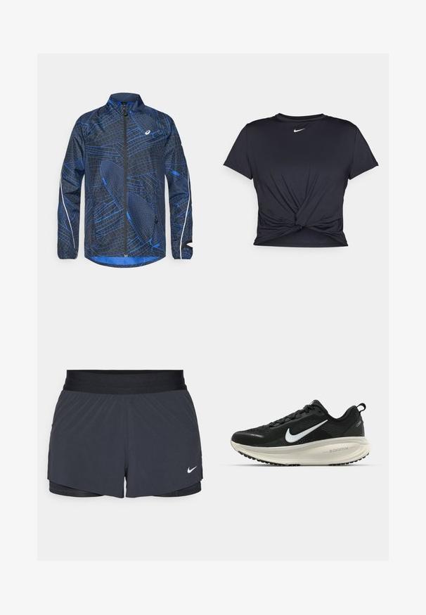 Kék és fekete széldzseki, textúrált geometrikus mintával, teljes hosszúságú cipzárral, magas gallérral és fényvisszaverő részletekkel a hónalj részen.; Fekete sportpóló sima anyagból, elöl megkötős dizájnnal, a mellkason egy kis fehér Nike logóval.; Fekete sportnadrág elasztikus derékkal, réteges kialakítással és kis fehér Nike logóval a bal alsó részen. Könnyű anyag.; Fekete Nike futócipő légáteresztő hálós felsőrésszel, fehér Swoosh logóval, textúrázott részletekkel és krém színű ZoomX középtalppal.