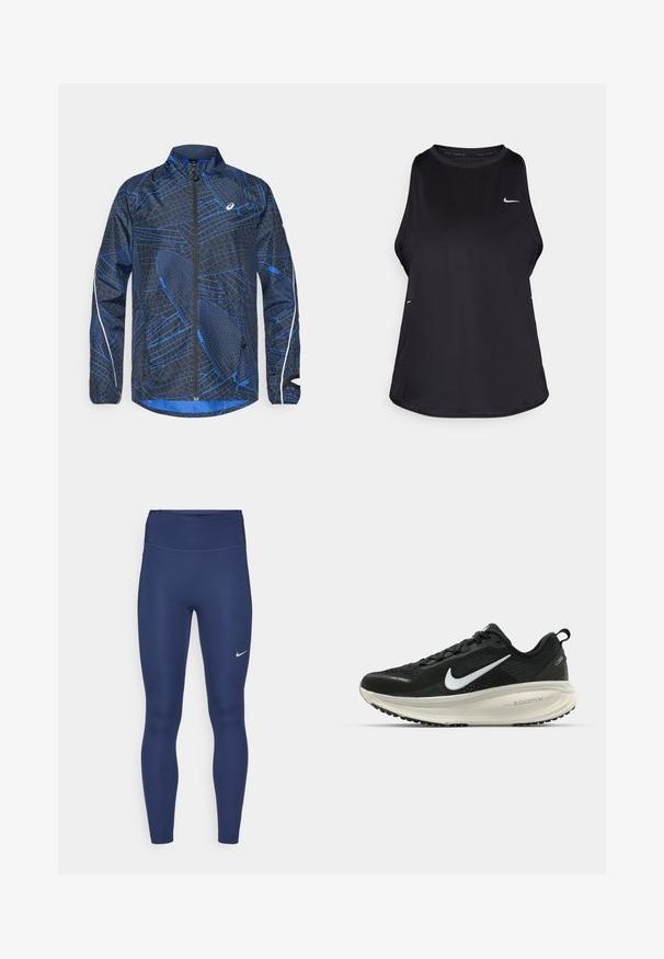 Giacca a vento blu e nera con un motivo geometrico testurizzato, zip a lunghezza completa, colletto alto e dettagli riflettenti sulle maniche.; Canotta da corsa nera senza maniche realizzata in materiale leggero con collo rotondo; presenta un logo discreto e fessure laterali per la traspirabilità.; Leggings blu navy con vita alta, realizzati in tessuto elasticizzato. Presentano cuciture sottili e un piccolo logo Nike bianco sulla coscia sinistra.; Scarpa da corsa nera Nike con tomaia in rete traspirante, logo Swoosh bianco, dettagli testurizzati e intersuola ZoomX di colore crema.