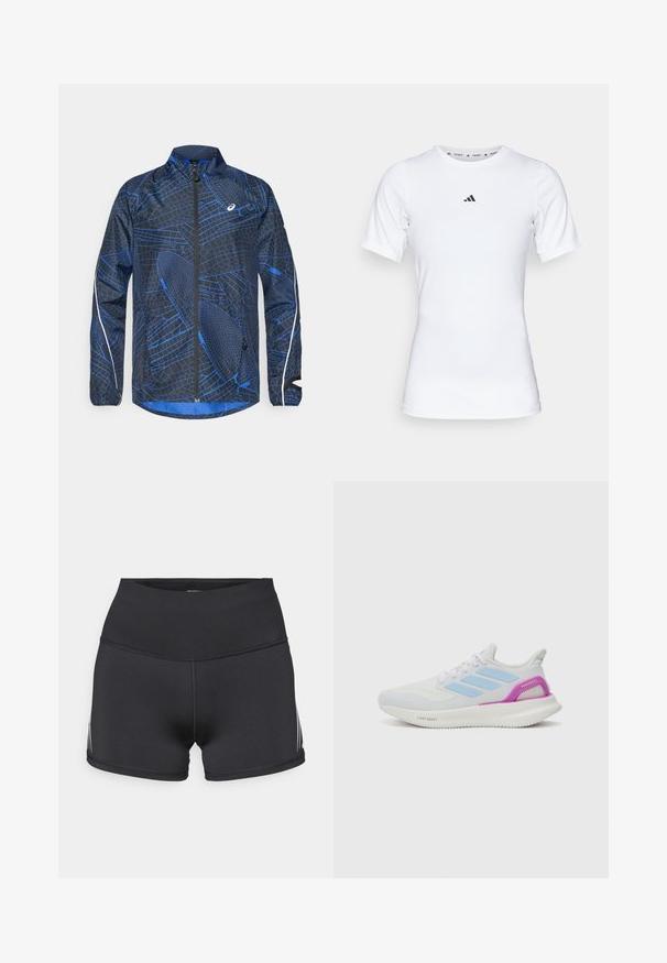 Sinine ja must tuulekindel jakk, millel on tekstuuriga geomeetriline muster, täispikk lukuga, kõrge krae ja peegeldavad detailid varrukatel.; Valge lühikeste varrukatega sportlik särk, mis on valmistatud siledast ja venivast kangast. Rinnal on väike must Adidas'i logo.; Mustad spordipüksid kõrgseeliku ja veniva kangaga. Omavad valgeid küljeribasid ja lamedaid õmblusi mugavuse tagamiseks.; adidas Performance PUREBOOST 5 - Maanteejooksu jalatsid - white/glow blue/purple burst