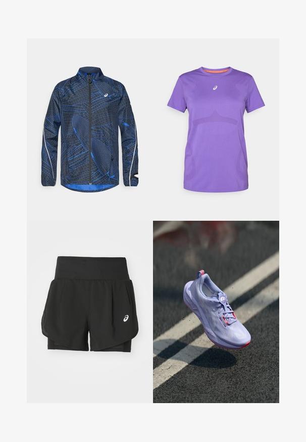 Blaue und schwarze Windbreaker-Jacke mit texturiertem geometrischem Muster, durchgehendem Reißverschluss, hohem Kragen und reflektierenden Akzenten an den Ärmeln.; Lila Sport-T-Shirt aus atmungsaktivem Material. Mit Rundhalsausschnitt, kurzen Ärmeln und dezentem, tonalem Muster auf der Vorderseite.; Schwarze Sportshorts mit einem atmungsaktiven Mesh-Overlay, inneren Shorts mit glattem Material und einem weißen Logo auf der linken Seite.; Helle lila Laufschuh mit strukturiertem Obermaterial, pinken Akzenten, einem runden Schnürsystem und einer gesprenkelten Sohle, die über einem Asphalt-Hintergrund schwebt.