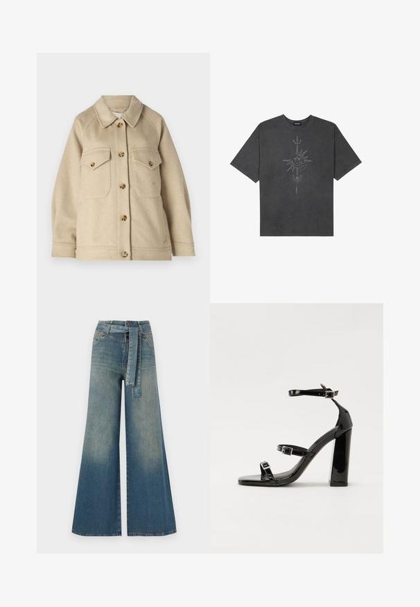 Beige wool blend jacket with a collared neckline, front button closure, and two chest pockets, featuring gold-tone buttons and textured fabric.; Dark gray oversized t-shirt made of cotton, featuring a central sun graphic with intricate line details printed on the front.; Wide-leg denim trousers featuring a light to dark blue gradient, high waist, belt loops, and a matching fabric belt. Textured denim finish.; Black patent heeled sandals with a square toe, ankle straps, and silver buckles. Features a chunky block heel for stability.