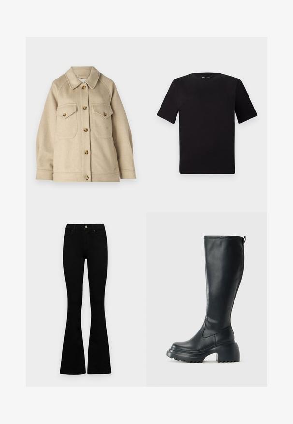 Beige wool blend jacket with a collared neckline, front button closure, and two chest pockets, featuring gold-tone buttons and textured fabric.; Black short-sleeve t-shirt with a round neckline, crafted from soft cotton fabric. Simple design, no visible logos or patterns.; Black flared jeans made of denim. Features a button closure, five pockets, and a smooth texture. The flared leg starts below the knee.; Tall black leather boot with chunky platform sole and block heel, featuring pull tab and textured tread on outsole.