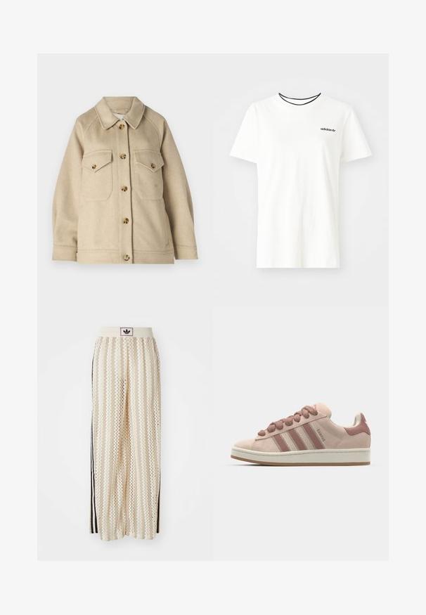 Casaco em mistura de lã bege com colarinho, fecho frontal por botões e dois bolsos no peito, apresentando botões em tom de ouro e tecido texturizado.; T-shirt de algodão branca com mangas curtas e decote redondo. Apresenta um logo preto da Adidas no peito e uma gola interna preta em contraste.; Calças largas de cor creme com um padrão em zigzag, apresentando uma cintura com logotipo preto e riscas laterais pretas. Tecido leve e texturizado.; Tênis de camurça cor-de-rosa com três riscas em rosa mais escuro, atacadores redondos e uma entressola branca. Projetados com um colarinho acolchoado para maior conforto.