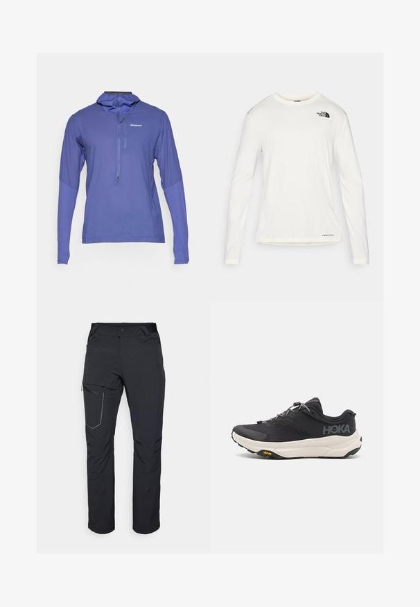 Mėlyna lengva ilgomis rankovėmis puloveris su pusiau užtrauktuku priekyje, su kapišonu ir tekstūruotais akcentais ant rankovių. "Patagonia" logotipas ant krūtinės.; Balta ilga rankove marškiniai su apvalia iškirpte, tekstūruota medžiaga, juodas logotipas kairėje petyje ir subtilus prekės ženklas apačioje.; Juodos lauko kelnės su užtrauktuku šlaunies kišenėje, elastinga juosmeniu ir lygiu, vandens nepraleidžiančiu audiniu. Tinkama dizaino forma be matomų logotipų.; Juodos sportinės bateliai su tekstūruota viršutine dalimi, pilkų akcentų, atspindinčiomis detalėmis ir storu baltu padu su Vibram prekės ženklu.