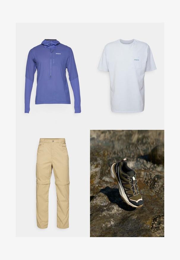 Kék, könnyű, hosszú ujjas pulóver, félig zipzáros elülső résszel, kapucnival és texturált panel díszítéssel a ujjakon. A mellrészen a "Patagonia" logó látható.; Fehér pamut póló rövid ujjakkal, kerek nyakkal és bal oldalon elhelyezett zsebbel, amelyen egy kék "Patagonia" logó található. Klasszikus szabású, sima textúrával.; Beige, zipzáras nadrág sima textúrával, két oldalsó zsebbel, gombos záródással és felgöngyölhető nadrágszárral a sokoldalúság érdekében.; Olívazöld és fekete túrabakancs rózsaszín részletekkel. Jellemzői közé tartozik a texturált felsőrész, a rugalmas talp, a megerősített orr- és a színes fűzőrendszer.