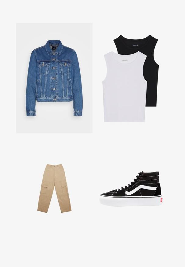 Denim jaka vidējā zilā krāsā ar īsotu dizainu, priekšu kabatām, metāla pogām un kontrastējošu šuvju. Klasisks apkakles un garās piedurknes.; Divas bez piedurknēm melnbaltā krāsā, izgatavotas no ribotu kokvilnas, ar apaļām kakla izgriezumiem un pieguļošu dizainu. Uz abām ir redzami etiķetes.; Beige kravas bikses no auduma, ar divām priekšējām kabatām un brīvu, plašu dizainu. Jostasvietā ir poga un rāvējslēdzēja slēgšana.; Melnas augstās kedas ar baltām šņorēm, baltu logo un kontrastējošu baltu dūrienu. Iemīlda bieza balta zole un teksturēts zamšāda augšdaļa.