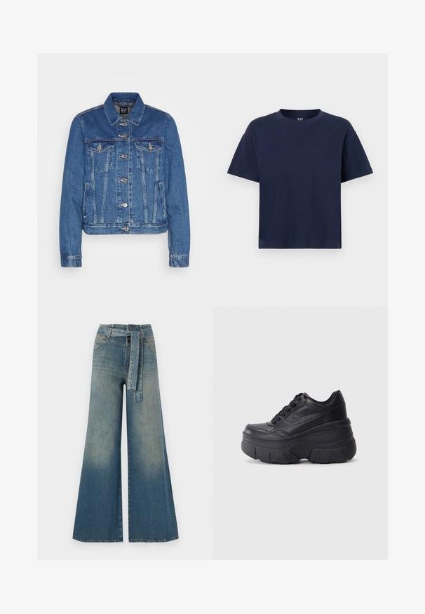 Denim jacket in medium blue with a cropped design, front flap pockets, metal buttons, and contrasting stitching. Classic collar and long sleeves.; Navy blue cotton t-shirt with a round neckline and short sleeves, featuring a relaxed fit and minimal design. No patterns or accents.; Wide-leg denim trousers featuring a light to dark blue gradient, high waist, belt loops, and a matching fabric belt. Textured denim finish.; Black lace-up sneakers with a chunky sole, featuring smooth leather upper, rounded toe, and distinct layered platform design.