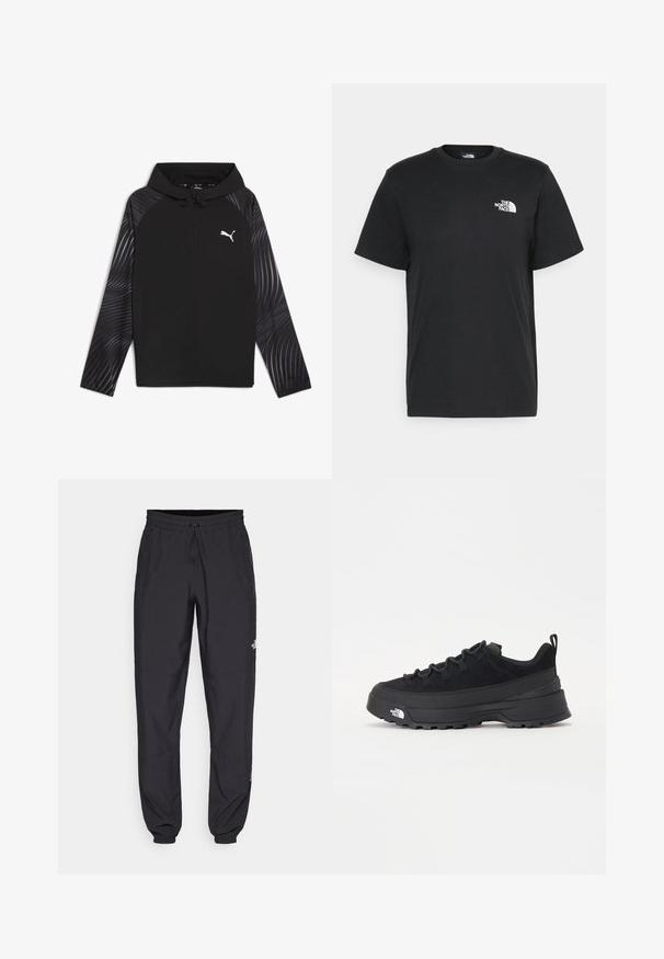 Puma RUN FAVORITE AOP WOVEN JACKET M - Sportinė striukė - black-aop; Juoda medvilninė marškinė su trumpomis rankovėmis, apvaliu iškirpimu ir maža balta logo kairėje krūtinės pusėje. Paprastas dizainas, lygi tekstūra ir laisvas pritaikymas.; Juodos sportinės kelnės, pagamintos iš lengvos medžiagos, su raišteliu liemens srityje, šoniniais kišenėmis ir siaurėjantys apykaklės prie kulkšnies.; Juodas lauko sportinis batelis su zomšiniu viršumi, tekstūruota guma padais ir tvirtas raištelių sistema. Yra sustiprinta kulno dalis ir prekės ženklo logotipas šone.