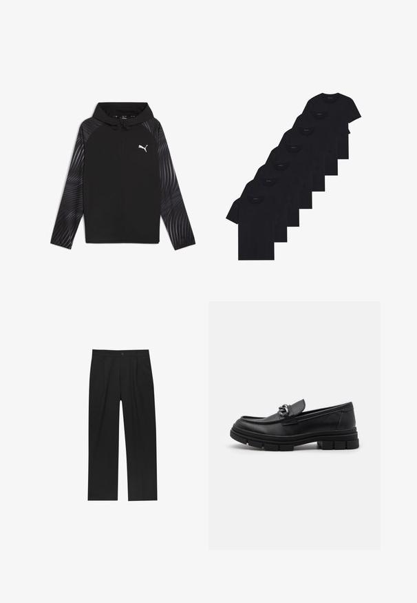 Puma RUN FAVORITE AOP WOVEN JACKET M - Trainingsvest - black-aop; Set van acht zwarte katoenen T-shirts met korte mouwen en een ronde hals, met een eenvoudige uitstraling en een zachte textuur.; Zwarte broeken met een recht model, gemaakt van een gladde stof. Voorzien van een voorplooien en een enkele knoopsluiting bij de taille.; Zwarte leren instapper met een ronde neus, een decoratieve band en hardware, en een chunky, gestructureerde zool. Glad afwerking met subtiele details.