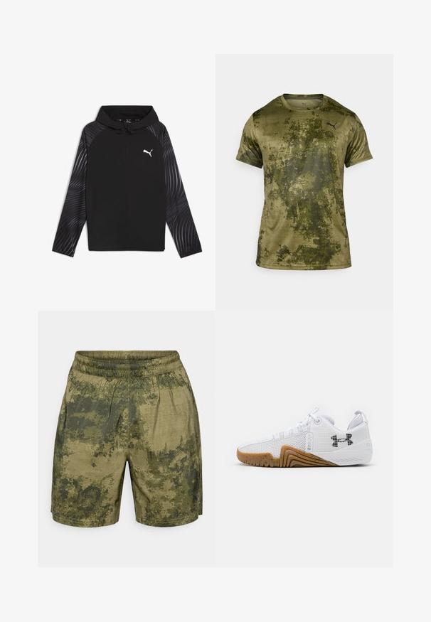 Puma RUN FAVORITE AOP WOVEN JACKET M - Træningsjakke - black-aop; Kortærmet atletisk skjorte i olivengrøn med en struktureret, mønstret overflade. Har et lille sort logo på venstre øverste bryst.; Camouflage-mønstrede shorts i nuancer af grøn, lavet af letvægtsstof med elastisk talje og en afslappet pasform.; Hvide atletik sko med mesh overdel, gummisål i gummifarve, teksturerede detaljer og en sort logo på siden.