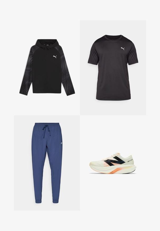 Puma RUN FAVORITE AOP WOVEN JACKET M - Træningsjakke - black-aop; Sort atletisk t-shirt lavet af fugtabsorpterende stof, rund hals, korte ærmer, med et lille hvidt logo på venstre bryst.; Marineblå sportsbukser med elastisk talje, snøre og tapered manchetter. Har sidelommer og et lille logo på det ene ben.; Letvægtig løbesko i hvid med sorte og koralfarvede accenter. Har et åndbart overdel, udtalt dæmpning og en slank, aerodynamisk form.