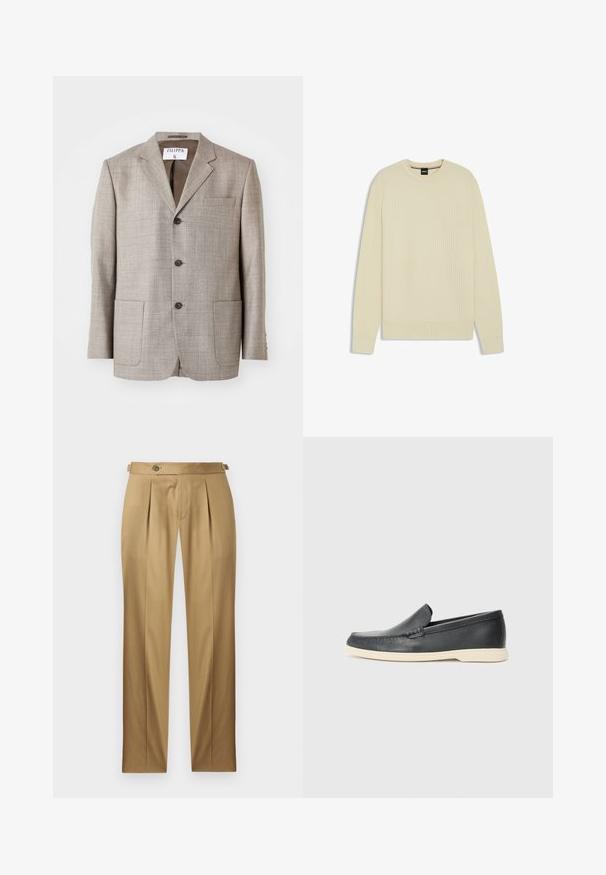 Light brown blazer with a textured fabric, notched lapels, front buttons, and two front pockets. Label reads "Filippa K."; Light beige sweater with a textured waffle knit design, crew neck, and ribbed cuffs and hem. Simple, modern shape with no additional accents.; Beige trousers with a straight fit, featuring pleats, a button closure, and belt loops. Smooth fabric with a clean, tailored look.; Black leather slip-on loafers with a textured finish and a contrasting beige rubber sole. Features a subtle accent along the front.
