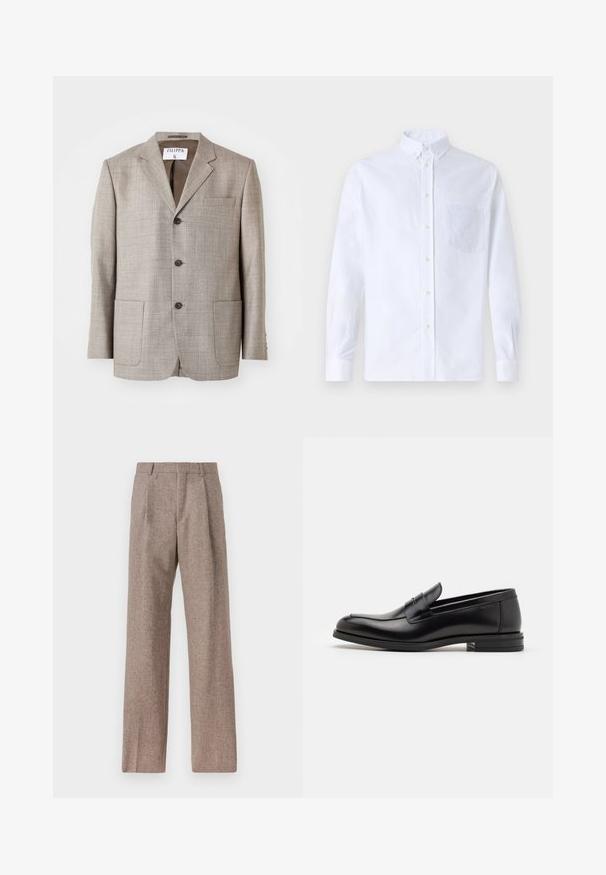 Gaiši brūns žakets ar teksturētu audumu, ar ielokiem, priekšējiem pogām un divām priekšējām kabatām. Uz etiķetes ir rakstīts "Filippa K."; Balts garo piedurknēm krekliņš ar pogām, izgatavots no kokvilnas, ar krūšu kabatu ar tonālu izšuvumu, apkakli un pogām pie piedurknēm.; Brūni, augstos šortos izgatavoti no teksturēta auduma. Iezīmē plašas kājas un divas priekšējās krokas, kas nodrošina struktūru. Kārtīga apdare bez redzamām detaļām.; Melnas ādas kurpes ar gludu tekstūru, noapaļu purngalu un dekoratīvu siksniņu pāri priekšpusei. Zems sakrauts papēdis, minimālisma dizains.