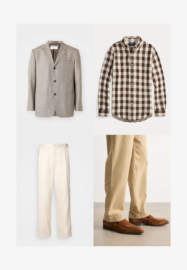 Light brown blazer with a textured fabric, notched lapels, front buttons, and two front pockets. Label reads "Filippa K."; Long-sleeve button-down shirt with brown and cream checkered pattern, buttoned collar, and subtle embroidered logo on chest.; Beige cotton trousers with a straight-leg cut, featuring a button closure and pleats at the front for added detail.; Brown suede loafers with a textured finish and a distinct band across the upper, paired with light beige trousers.