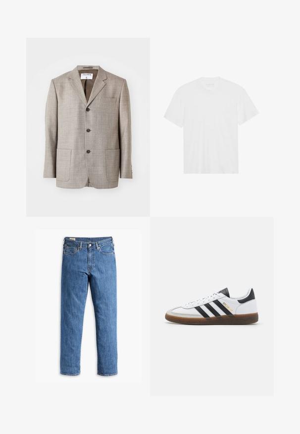 Helepruun bleiser, tekstureeritud kangaga, notšitud kraega, ees nupud ja kaks eesmist taskut. Sildil on kirjutatud "Filippa K."; Valge puuvillane T-särk lühikeste varrukatega, klassikalise ümarika kaelusega ja sirge allääriga. Sile tekstuur, minimalistlik disain, ilma mustrite või accsentideta.; Sinised denimpüksid sirge säärega lõikega, vasknuppudega ja viie tasku mudelega. Omab õmblusega äärt ja klassikalist vöökohta vöökohaga.; Valge nahast toss mustade sametdetailidega, kolm musta triipu, beež kummist talla ja kuldse "SPEZIAL" brändinguga küljel.