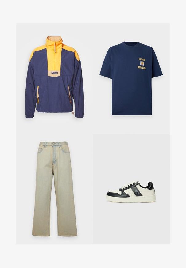 Μαρινί μπλε ζακέτα με κίτρινες λεπτομέρειες, μπροστινή μισή φερμουάρ, ρυθμιζόμενη μέση και πλευρικές τσέπες με πορτοκαλί φερμουάρ. Ελαφρύ υλικό.; Σκούρο μπλε βαμβακερό T-shirt με κοντά μανίκια, με χρυσό κείμενο "Carhartt University" και λογότυπο ραμμένο στο αριστερό στήθος.; Απαλό μπλε φαρδύ τζιν παντελόνι κατασκευασμένο από τζιν με φθαρμένη εμφάνιση. Διαθέτει πέντε τσέπες και κλείσιμο μπροστά με κουμπί.; Δερμάτινα sneakers με μαύρο και κρεμ χρωματικό σχέδιο, με διάτρητες λεπτομέρειες, επενδεδυμένο κολάρο και υφή στη σόλα.