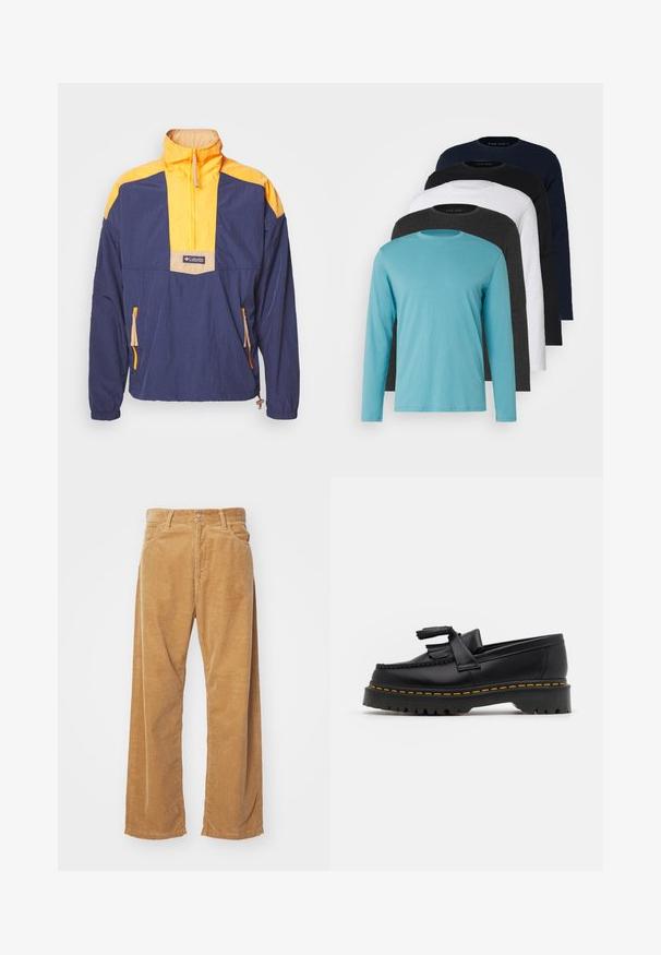 Marineblaues Pullover-Jackett mit gelben Akzenten, Halbreißverschluss vorne, verstellbarem Saum und seitlichen Taschen mit orangefarbenen Reißverschlüssen. Leichtes Material.; Fünf Langarm-T-Shirts in einer Reihe: türkis, schwarz, weiß, dunkelgrau und navyblau. Weicher Stoff mit Rundhalsausschnitt und normaler Passform.; Corduroy-Hosen mit weitem Bein in einer beige Farbe. Mit strukturierten, vertikalen Rillen, einem Standardbund und zwei vorderen Taschen ausgestattet.; Schwarze Lederloafers mit einem fransenverzierten Akzent, ausgestattet mit einer robusten schwarzen Sohle und gelber Naht entlang der Kante. Texturierte Oberfläche.