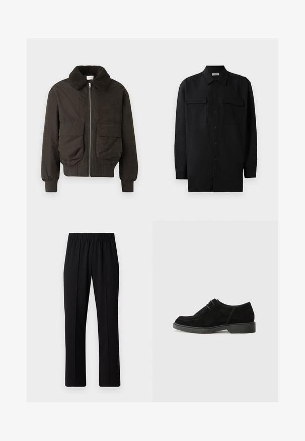 Donker groene jas met een gestructureerde, harige kraag. Voorzien van zijzakken en een ritssluiting. Gemaakt van een gladde stof met geribde boorden.; Zwarte button-up shirt gemaakt van gladde stof, met een klassieke kraag, twee voorzakken en lange mouwen met knopenmanchetten.; Zwarte, elastische broek met rechte pijpen, met een gladde textuur en zonder zichtbare patronen of hardware.; Zwarte suède modelschoen met een ronde neus, contrasterende stiksels en een rubberen zool. Kenmerkt zich door minimale veters en een glad bovenwerk.