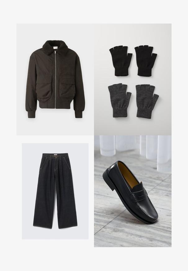 Mørkegrøn jakke med en tekstureret, pelsagtig krave. Har forlommer og lynlås lukning. Fremstillet af et glat stof med ribbede manchetter.; Simpel hvid kortærmet t-shirt med afslappet pasform, lagt fladt på en lys grå baggrund.; Mørkeblå brede jeans med frontfolder, skrå lommer, bæltestropper og en knaplukning i taljen mærket "WEEKDAY."; Sorte læder loafers med en glat finish, der har dekorativ syning og en forhøjet detalje på vamps, sat mod en marmoroverflade.; Pier One 2 PACK - Kortfingerhandsker - black/grey