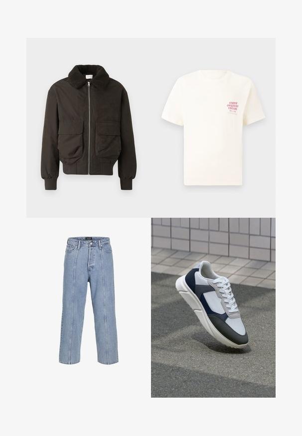 Tamsiai žalias švarkas su tekstūruotu, pūkuotu apykakle. Turi priekinius kišenes ir užtrauktuką. Pagamintas iš lygaus audinio su raukšlėtais rankogaliais.; Balta trumpa rankovėmis marškinėliai su raudonu užrašu "Studio Originals Edition" kairiajame krūtinės šone, rodomi neutralioje pilkoje aplinkoje.; Šviesiai mėlynos džinsinės kelnės su laisvu siluetu, plačiomis kojomis ir matomomis siuvimo detalėmis. Turi mygtuką ir užtrauktuką, taip pat penkias kišenes.; Baltos, tamsiai mėlynos ir pilkos sportbačiai su mišriomis medžiagomis, turintys tekstūruotą viršutinę dalį, plokščius raištelius ir paminkštintą pado dalį.