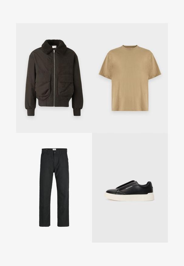 Donker groene jas met een gestructureerde, harige kraag. Voorzien van zijzakken en een ritssluiting. Gemaakt van een gladde stof met geribde boorden.; Khaki T-shirt met korte mouwen, gemaakt van zachte stof, met een ronde hals en een losse pasvorm. Geen patronen of graphics zichtbaar.; Zwarte broeken gemaakt van duurzame stof, met een recht gesneden ontwerp, gestikte accenten en twee voorzakken voor functionaliteit.; Zwarte slip-on sneaker met een gestructureerde leren bovenkant, witte rubberen zool en geen zichtbare veters. Beschikt over het merkembleem aan de zijkant.