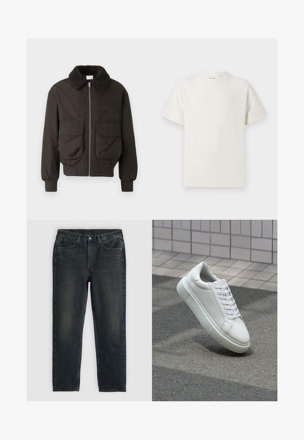 Dunkelgrüne Jacke mit einem strukturierten, pelzigen Kragen. Verfügt über Fronttaschen und einen Reißverschluss. Hergestellt aus einem glatten Stoff mit gerippten Bündchen.; Weißes T-Shirt mit kurzen Ärmeln in gerippter Textur. Runder Ausschnitt, lockere Passform, keine sichtbaren Muster oder Akzente. Einfaches und vielseitiges Design.; Dunkelblaue Jeans aus Denim mit geradem Bein, fünf Taschen, Reißverschluss und kontrastierenden Nähten. Dezente Ausbleichungen im Stoff.; Weiße Leder-Sneaker mit glatter Oberfläche, runder Zehenpartie und flachen weißen Schnürsenkeln. Verfügt über eine strukturierte Gummisohle und minimalistische Designelemente.