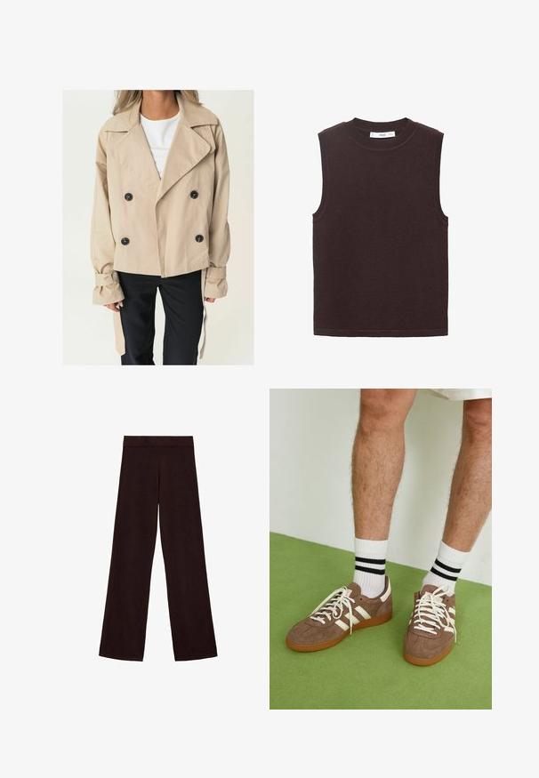Bež baloner s dvostrukim kopčanjem, velikim crnim gumbima, oštrim kragnom i zavezanim manžetama. Glatka tkanina s opuštenim krojem.; Bezrukavni pulover u tamnosmeđoj boji, napravljen od meke, teksturirane tkanine. Ima okrugli izrez i rebraste rubove na otvorima za ruke i donjem rubu.; Braon široke hlače od mekog materijala, s debelim pojasom i glatkom teksturom, bez vidljivih uzoraka ili hardvera.; Smeđe nubuk tenisice s bijelim detaljima i vezicama. Gumeni potplat. Nosene s bijelim čarapama s crnim prugama. Zeleno teksturirano pod.