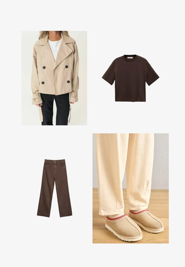 Beige dvouřadý trenčkot s velkými černými knoflíky, špičatým límcem a staženými manžetami. Hladká tkanina s uvolněným střihem.; Hnědé tričko s krátkým rukávem vyrobené z měkké bavlny. Má kulatý výstřih a volný střih, s hladkou strukturou a bez viditelných vzorů.; Hnědé džíny s širokými nohavicemi vyrobené z denimu, s vysokým pasem, předními kapsami a klasickým zapínáním na knoflík. Hladká textura s jemným švem.; Hnědé semišové dřeváky s červeným dekorativním lemováním a bílou gumovou podrážkou, spárované s světlými béžovými kalhotami, umístěné na dřevěné podlaze.