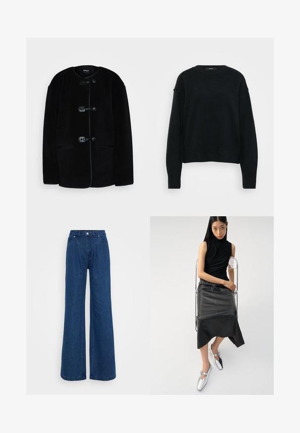 Μαύρο φλις μπουφάν με στρογγυλή λαιμόκοψη, που διαθέτει τρία κουμπώματα και πλαϊνές τσέπες. Λείο ύφασμα, μινιμαλιστικός σχεδιασμός, χωρίς επένδυση.; Μαύρο πλεκτό πουλόβερ με στρογγυλή λαιμόκοψη, χαμηλούς ώμους και μακριά μανίκια. Διαθέτει υφή υφάσματος και κοντή εφαρμογή.; Φαρδιά τζιν παντελόνια με ψηλή μέση, κλείσιμο με κουμπί και φερμουάρ μπροστά, και μπροστινές και πίσω τσέπες σε ουδέτερο φόντο.; Μαύρη αμάνικη μπλούζα, στενή μαύρη δερμάτινη φούστα με κυματιστό στρίφωμα και γυαλιστερά ασημένια παπούτσια με σχέδιο κοπής και λεπτομέρεια με αγκράφα.