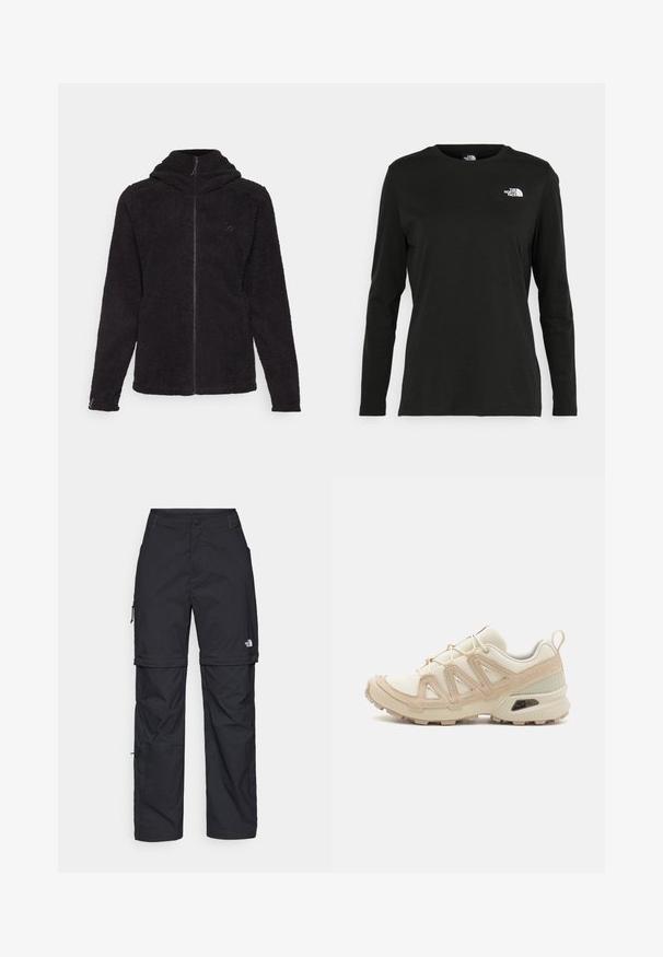 Casaco de fleece preto com fecho frontal, mangas longas, capuz e superfície texturizada discreta. Apresenta um pequeno logótipo na área do peito esquerdo.; T-shirt preto de mangas longas, feito de algodão, com decote redondo. Apresenta um pequeno logótipo branco na área esquerda do peito. Design simples e ajuste confortável.; Calças cargo pretas em nylon com fechos de correr removíveis, punhos ajustáveis, múltiplos bolsos e um logótipo na perna direita. Textura suave e leve.; Sapatilha atlética beige e creme com parte superior em malha texturizada, sobreposições de suporte e sola de borracha com um padrão de cravo para tração.