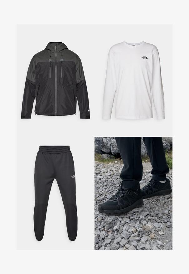 Black and gray waterproof jacket with hood, front zipper, four zippered pockets, and Velcro adjustable cuffs, designed for outdoor use.; White long-sleeve T-shirt made of cotton with a crew neck. Features a small black logo on the chest. Smooth texture, regular fit.; Black sweatpants with a drawstring waist, tapered fit, elastic cuffs, and a small white logo on the left thigh, made from smooth fabric.; Black outdoor shoes with mesh and synthetic material, featuring a textured upper, secured lacing system, and a rugged outsole, on rocky terrain.
