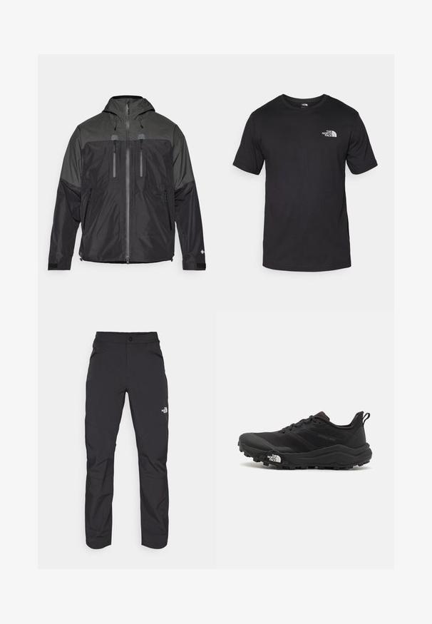 Fekete és szürke vízálló kabát kapucnival, elülső cipzárral, négy cipzáros zsebbel és tépőzárral állítható mandzsettákkal, kültéri használatra tervezve.; Fekete rövidujjú pamut póló, kerek nyakkivágással, a bal felső mellkason egy kis fehér logóval.; Fekete kültéri nadrág, cipzáras elülső zsebbel, szintetikus anyagból készült, szűkített lábakkal és megerősített térdpanelekkel. Gombos záródással rendelkezik.; Fekete terepfutó cipő, textúrált felső résszel, gumitalppal és megerősített lábujjrészével. Párnázott bokarésszel és húzófüllel rendelkezik a könnyű felhúzáshoz.