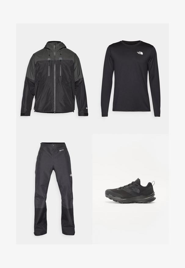 Must ja hall veekindel jakk kapuutsiga, ees lukuga, neli lukuga taskut ja Velcro reguleeritavad mansetid, loodud välistingimustes kasutamiseks.; Pikkade varrukatega must spordit-särk, mis on valmistatud kerge kangaga, esiküljel vasakul rinnal on valge logo. Sile tekstuur.; Mustad vettpidavad püksid, millel on sile tekstuur, ees GORE-TEX logo ja tugevdatud alumised jalad vastupidavuse tagamiseks.; Must use õhku läbilaskvat võrku ülemise ja kummist välispõhjaga mustad atleetijalatsid, millel on polsterdatud kaelus. Omab nööre, logo küljel ja tekstuurset disaini.