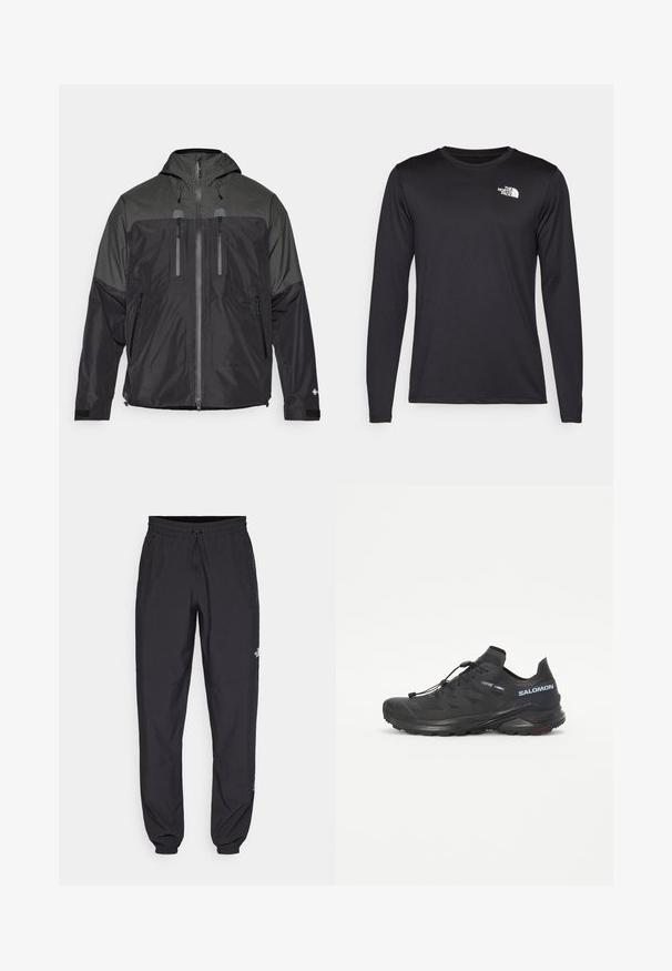 Crna i siva vodootporna jakna s kapuljačom, prednjim patentnim zatvaračem, četiri komada s patentnim zatvaračem i čičak podesivim manžetama, dizajnirana za vanjsku upotrebu.; Crna majica s dugim rukavima za performanse, napravljena od laganog materijala, s bijelim logotipom na gornjoj lijevoj strani prsnog koša. Glatka tekstura.; Crne sportske hlače od lagane tkanine, s pojasom na vezanje, bočnim džepovima i suženim manžetama na gležnjevima.; Crne trail tenisice za trčanje s teksturiranim gornjim dijelom, elastičnim vezicama i Contagrip potplatom. Imaju uski fit i zaštitni vrh.