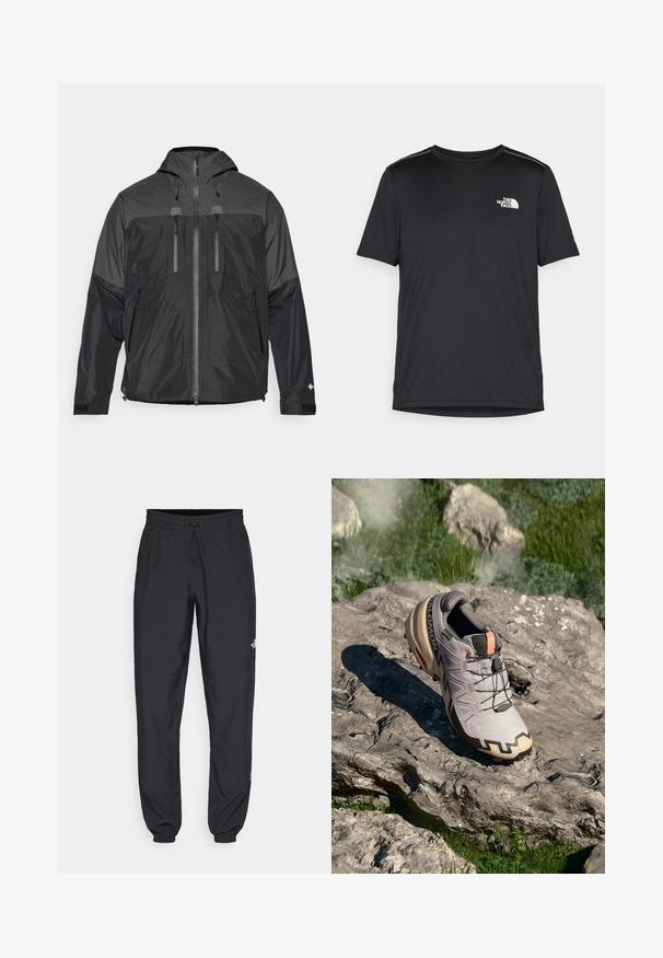 Crna i siva vodootporna jakna s kapuljačom, prednjim patentnim zatvaračem, četiri komada s patentnim zatvaračem i čičak podesivim manžetama, dizajnirana za vanjsku upotrebu.; Crna majica kratkih rukava izrađena od lagane tkanine. Ima mali bijeli logo na lijevoj strani grudi i suptilne naglaske na ramenima.; Crne sportske hlače od lagane tkanine, s pojasom na vezanje, bočnim džepovima i suženim manžetama na gležnjevima.; Svijetlosivi trail trkaći tenisice s bež detaljima, teksturiran gornji dio, crne vezice i izraženi profil na soles. Ima logo branda.