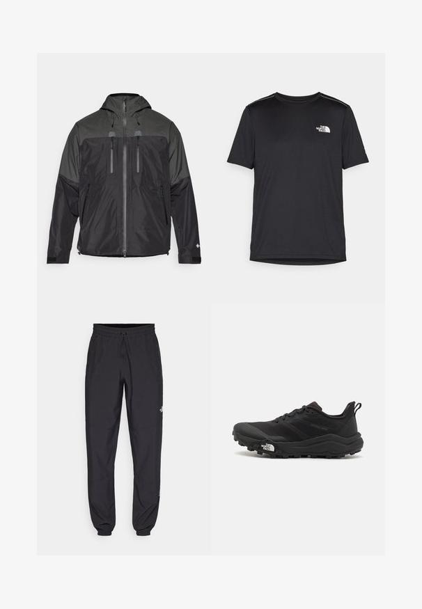 Casaco impermeável preto e cinza com capuz, fecho frontal, quatro bolsos com zíper e punhos ajustáveis em Velcro, concebido para uso ao ar livre.; T-shirt preto de manga curta feito de um tecido leve. Apresenta um pequeno logo branco ao lado esquerdo do peito e detalhes subtis nos ombros.; Calças atléticas pretas feitas de tecido leve, com um cós ajustável por cordão, bolsos laterais e punhos afunilados nos tornozelos.; Sapatilha de trail running preta com um upper texturizado, sola de borracha e biqueira reforçada. Possui um colarinho acolchoado e uma alça para facilitar o calçar.
