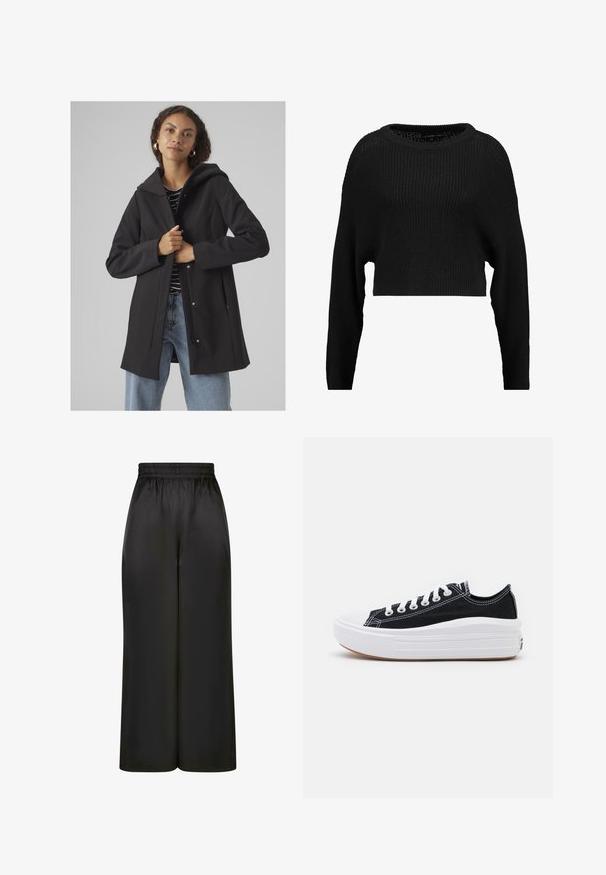 Schwarzer Kapuzenmantel mit schlankem Design, aus weichem Material gefertigt. Verfügt über eine Vorderseite mit Verschluss, Seitentaschen und eine lässige Passform. Gestreiftes Oberteil darunter.; Schwarzer, kurzer Strickpullover mit lockerer Passform, weitem Ausschnitt und langen Ärmeln, der ein strukturiertes Rippmuster aufweist.; Schwarze, weit geschnittene Hosen aus glattem, glänzendem Stoff mit elastischem Bund und ohne sichtbare Taschen oder Metallteile.; Schwarze Canvas-Sneaker mit weißen Schnürsenkeln, weißer Gummikappe und einer massiven weißen Zwischensohle. Besondere Merkmale sind dezente weiße Nähte und eine Gummisohle.