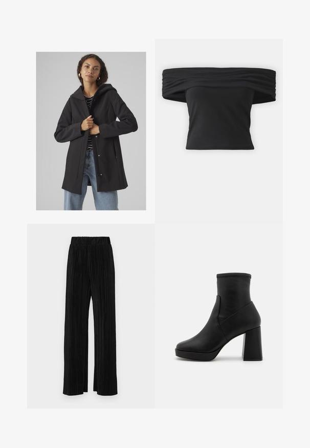 Črn plašč s kapuco in aerodinamičnim dizajnom, izdelan iz mehkega materiala. Ima sprednje zapiranje, stranske žepe in sproščen kroj. Pod njim je prugaasta majica.; Črna majica brez naramnic z nabranim tekstilom okoli izreza, kratkimi rokavi in prilegajočim krojem do pasu. Narejena iz raztegljivega materiala.; Črne plisirane hlače z elastičnim pasom. Imajo široke noge in gladko, teksturirano tkanino z navpičnimi črtami.; Črne usnjene gležnjarje s wysokim blokastim petami, gladko teksturo in prilegajočim zgornjim delom. Imajo brezšiven dizajn brez vidnih zapenjal.