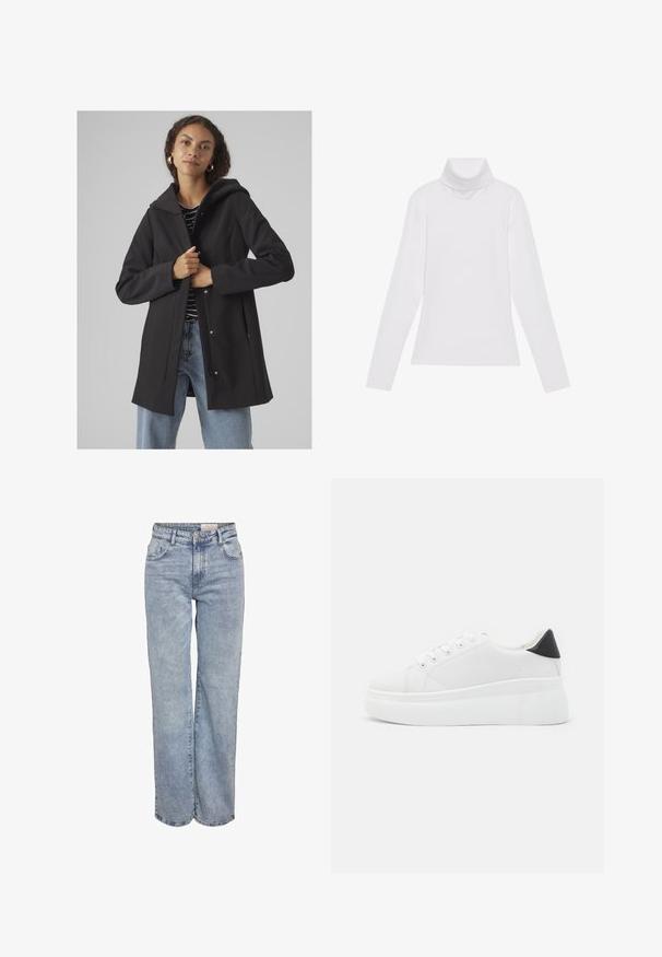 Black hooded coat with a streamlined design, made of soft material. Features front closure, side pockets, and a relaxed fit. Striped top underneath.; White long-sleeve turtleneck top made of smooth, stretchy fabric. Features a high collar and fitted design, with no visible patterns or embellishments.; Light blue wide-leg jeans made from denim, featuring a high waist, five-pocket design, and subtle fading for a worn-in look.; White platform sneakers made of smooth synthetic material, featuring a rounded toe, lace-up design, and a textured rubber sole. Black heel accent.